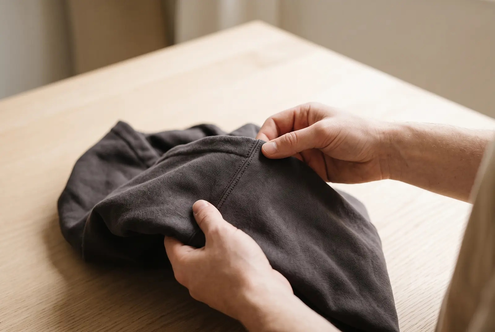 Manos revisando el tejido de una sudadera a contraluz